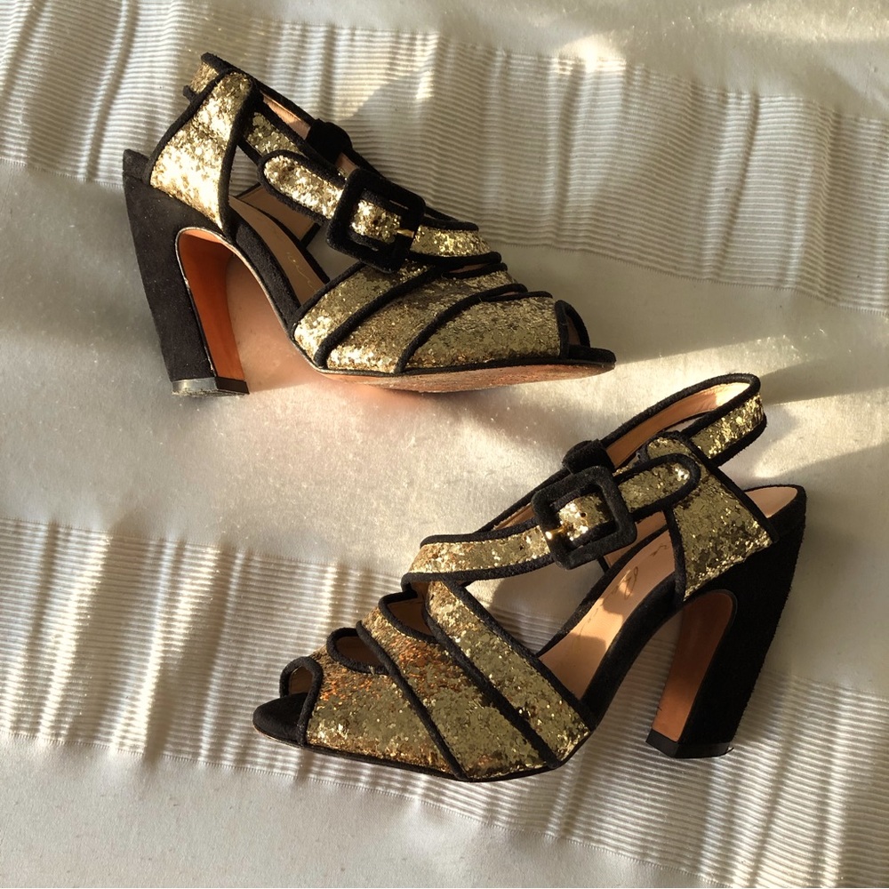 Rare Luiza Barcelos Heels - Black Suede & Gold